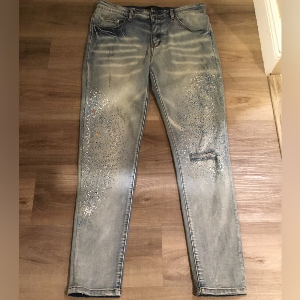 AMIRI Paint Splatter Distressed Blue Denim Jeans Ripped Men's Size 34 MSRP $1090